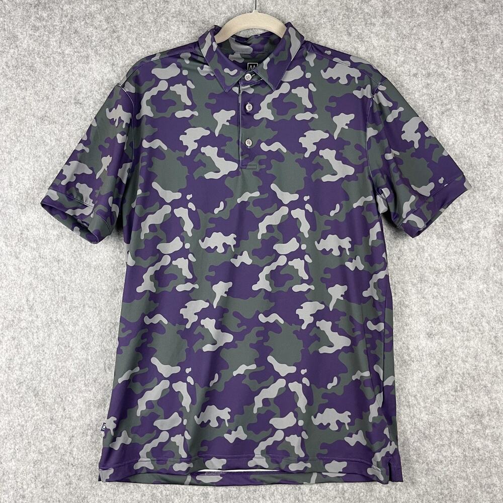 Mizzen Main Camo Polo Shirt Mens Medium Purple Trim Fit Short Sleeve Golf AOP